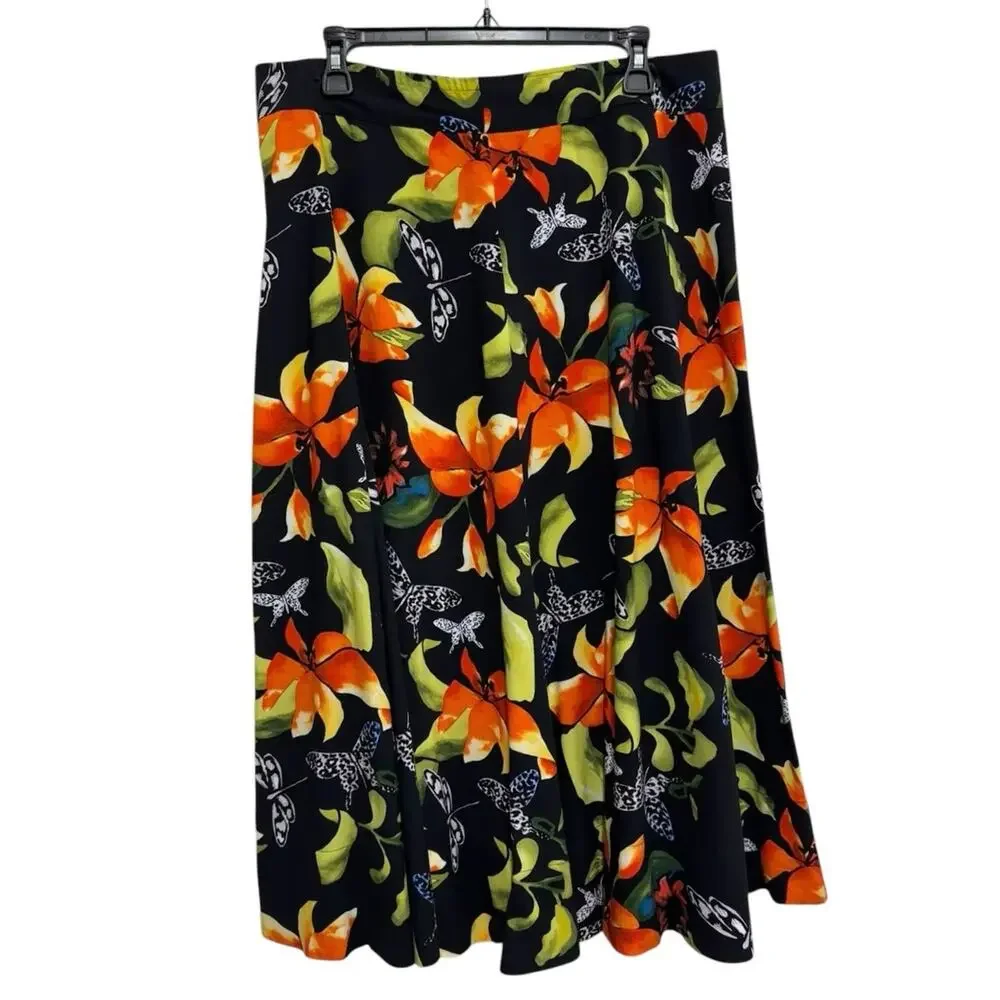 Soft Surroundings Floral Butterfly Midi Skirt Black Orange Boho Size Large‎